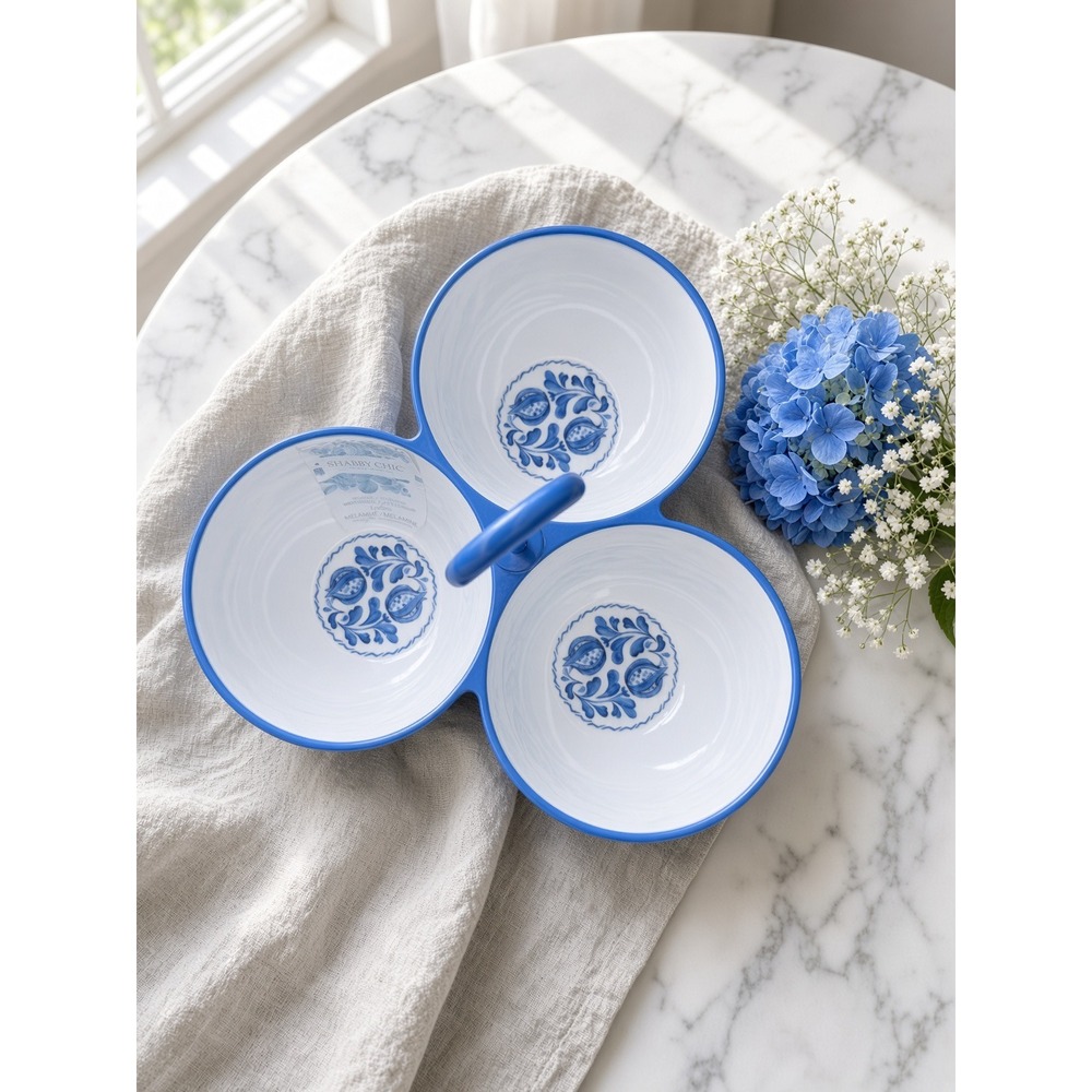 Shabby Chic Melamine 3 Section Condiment Server Blue White Floral Snack Bowl